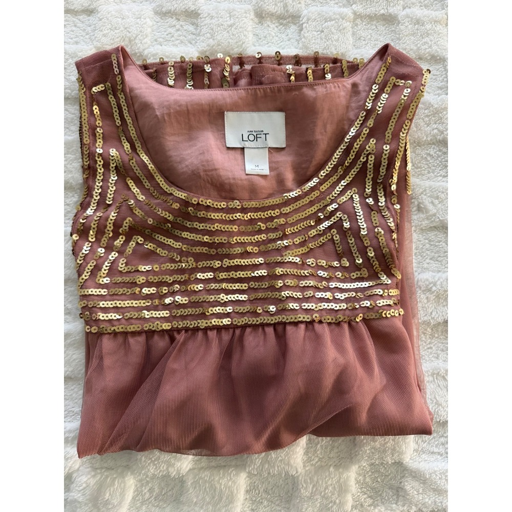 Ann Taylor Loft Sequin Sleeveless Top Mauve Gold Embellished Blouse Med